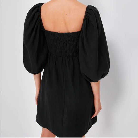 Tuckernuck Annie Smocked Mini Linen Dress Ballon Sleeves Black - Picture 2 of 12